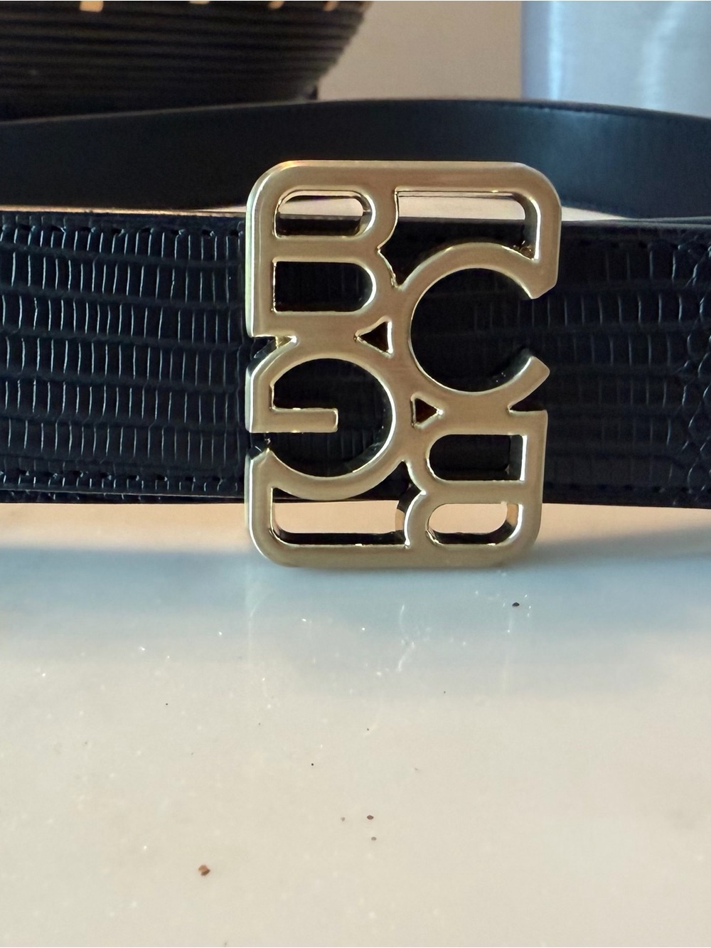 Never worn BCBG Black Belt with Gold Logo Buckle